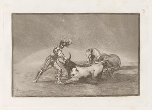 En spansk riddare dödar en tjur efter att ha förlorat sin häst (En spansk riddare dödar tjuren efter att ha förlorat sin häst), Plåt 9 från La tauromaquia av Francisco de Goya