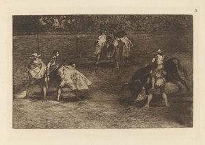 En tjurfäktare rider på d?n chulos axlar av Francisco de Goya