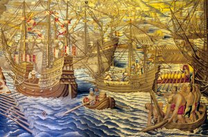 Skeppen och barken - Detalj av erövringen av Tunis (Tunisien) - Gobeläng av Francisco och Cornelius Van der Ggot (1700-talet), invävd i den kungliga gobelängfabriken, mitten av 1700-talet, efter 1500-talets gobeläng av Willem de Pannemaker - (Tun av Francisco Ignacio Vandergoten Canyuwell