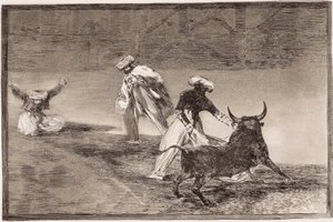 Tjurfäktning: Morerna spelar udden med en annan tjur i en inhägnad av Francisco de Goya