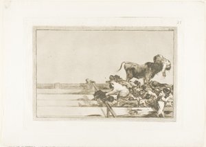 Fruktansvärda händelser på de främre raderna i ringen i Madrid, och borgmästarens död i Torrejón, skylt 21 från The Art of Bullfighting av Francisco Jose de Goya y Lucientes