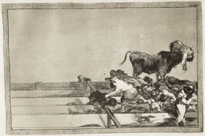 GOYA Y LUCIENTES, Francisco de (1746-1828). Fruktansvärda händelser på de främre raderna i ringen i Madrid och borgmästarens död 1801. 1816. Skylt 21 av "Konsten att tjurfäktning". Etsning. SPANIEN. MADRID (AUTONOMA GEMENSKAPEN). Madrid. Nationell av Francisco Jose de Goya y Lucientes