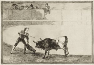 GOYA Y LUCIENTES, Francisco de (1746-1828). Pedro Romero dödar den stoppade tjuren. 1816. (25,1 x 35,9 cm). ROMERO, Pedro (1754-1839). Spansk tjurfäktare. Skylt 30 av "Konsten att tjurfäktning". Etsning. SPANIEN. MADRID (AUTONOMA GEMENSKAPEN). Madrid. Nati av Francisco Jose de Goya y Lucientes