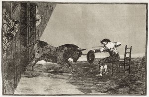 GOYA Y LUCIENTES, Francisco de (1746-1828). Martinchos (troligen Antonio Ebassum) vågade i ringen vid Zaragoza. 1816. (24,9 x 35,7 cm). Platta 18 av "Konsten att tjurfäktning". Etsning. SPANIEN. MADRID (AUTONOMA GEMENSKAPEN). Madrid. Nationalbiblioteket av Francisco Jose de Goya y Lucientes