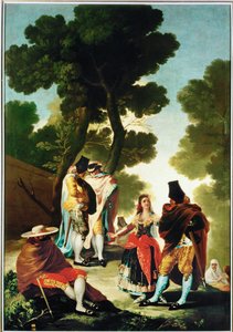 La maja y los Embozados - majan och de mantelklädda männen, tecknad serie för gobeläng 40-06-09/42 ... (målning på duk) av Francisco Jose de Goya y Lucientes