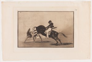 Tallrik 24 från La Tauromaquia: The Same Ceballos monterad på Another Bull Breaks Korta spjut i ringen i Madrid av Francisco Jose de Goya y Lucientes