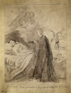 Saint Francois (Francis) Borgia (1510-1578) vid sängen av en döende obotfärdig. Teckning 1788, av Francisco de Goya y Lucientes (1746-1828). Skiss till målningen med samma titel beställd av familjen Ausuna. Pradomuseet, Madrid.