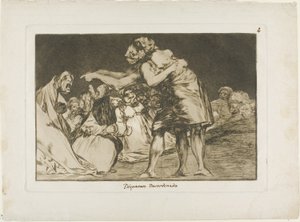 Hon som är sjuk onsdag missar aldrig en chans att säga så, tallrik sju från Los Proverbios av Francisco Jose de Goya y Lucientes