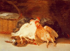 Stilleben med döda kycklingar och en flätad korg (olja på duk) av Francisco de Goya