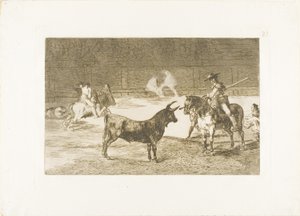 Den berömda Picadoren, Fernando del Toro, drar på det häftiga odjuret med sin piké, skylt 27 från The Art of Bullfighting av Francisco Jose de Goya y Lucientes