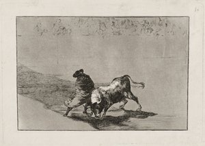 Den smarte "Falcesstudenten" gör tjuren rasande genom att röra sig inlindad i sin mantel, skylt 14 av Francisco de Goya