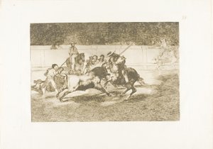 Den kraftfulla Rendón hugger en tjur med pikén, från vilket pass han dog i ringen i Madrid, skylt 28 från The Art of Bullfighting av Francisco Jose de Goya y Lucientes