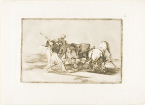 Morerna hade slagit sig ner i Spanien, gett upp koranens vidskepelse, anammat denna jaktkonst och spjut en tjur i det fria, tallrik tre från The Art of Bullfighting av Francisco Jose de Goya y Lucientes