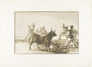 Rabeln hamstring tjuren med lansar, skäror, banderillas och andra armar, tallrik tolv från The Art of Bullfighting av Francisco Jose de Goya y Lucientes