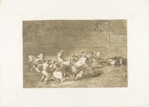 Två lag av picadorer kastade efter varandra av en enda tjur, skylt 32 från The Art of Bullfighting av Francisco Jose de Goya y Lucientes