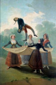 Unga kvinnor docka kastar i luften med en trasa en trasdocka. Målning av Francisco de Goya (1746-1828) 1792, sön. 1,6x2,67 m Madrid, Musee du Prado - Puppet. Unga flickor som kastar upp en trasdocka med ett lakan. Målning av Francisco de Goya (1746-1828 av Francisco de Goya