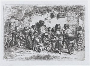Tavla 11: en grupp människor utomhus, från serien av seder och fritidssysselsättningar från Spani..., 1850.