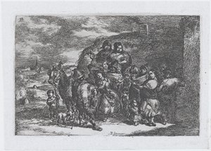 Platta 13: en grupp människor utomhus inklusive möjligen musiker, från serien av cus..., 1850.