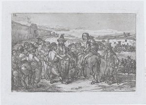 Plåt 14: en stor grupp människor utomhus, möjligen en skådespelare, från serien o..., 1850.