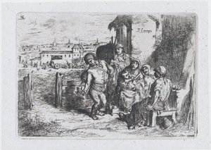 Skylt 16: en grupp människor utomhus, inklusive en man som häller upp vin eller vatten från ett kärl ..., 1850.