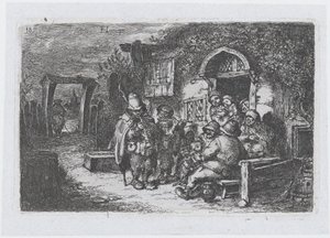 Tavla 18: gatumusikanter och andra figurer utanför en krog, från serien av tullar ..., 1850.