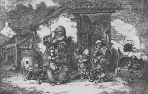 Platta 19: en familj och en pojke som leker med en hund utanför ett hus, från serien av custom..., 1850.