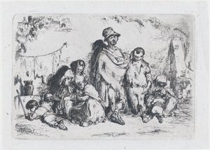 Skylt 2: en grupp människor på gatan, möjligen tiggare, från serien av tullar och..., 1850.