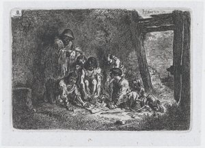 Tavla 8: en grupp figurer av vilka några spelar ett spel, från serien av tullar och..., 1850.