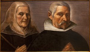 Porträtt av ett bedjande ålderspar. Målning av Francisco Pacheco (1564-1644), cirka 1630. Museum of Fine Arts i Sevilla, Spanien.