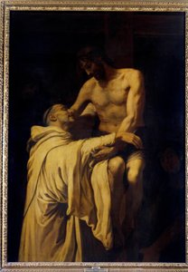 Kristus tar Sankt Bernard av Clairvaux (San Bernardo di Chiaravalle) (1090-1153) i sina armar Målning av Francisco Ribalta (1565-1628) 1621 Sön. 1,58x1,13 m Madrid, Musee du Prado