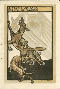 Illustration av Francisco Sancha Lengo (1874-1936) - Flygande löv, cirka 1915 - A carne de lobo diente de perro - Kriget 14 -18, Tyskland Preussen, England Storbritannien, stridande och symboler, Frankrike, Spanska språket, Utländsk press - Vilhelm II, Hun