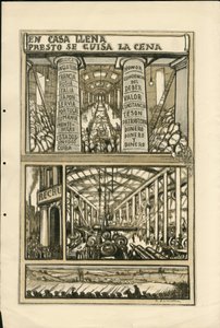 Illustration av Francisco Sancha Lengo (1874-1936) - Flygande löv, cirka 1915 - En casa llena presto se guisa la cena - War of 14 -18, Kanoner, granater, Industrifabriker, Spanska språket, Mobilisering, Utländsk press av Francisco Sancha y Lengo