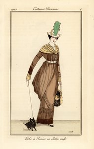 Kvinna i korgklänning i kaffefärgad satäng med husdjurshund, etsning från Tommaso Antonginis Journal des Dames et des Modes, Aux Bureaux du Journal des Dames, Paris
