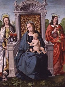 Madonna och barn med St. Catherine och St. John the Evangelist, ca 1530-40 (panel) av Francisco de (attr. to) Comontes