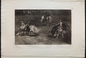 Tjurfäktningar: En tjurfäktare monterad på en assistents axlar och spjuts av en tjur av Francisco de Goya