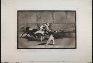 Tjurfäktningar: A Moor Cathed by a Bull in the Ring, 1876. av Francisco de Goya