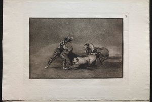 Tjurfäktningar: En spansk riddare dödar tjuren efter att ha förlorat sin häst av Francisco de Goya