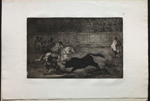 Tjurfäktningar: En spansk riddare som bryter korta spjut med hjälp av assistenter, 1876. av Francisco de Goya