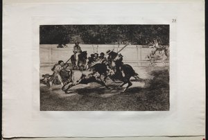 Tjurfäktningar: The Forceful Rendon Stabs a Bull with the Pique, From which Pass he died..., 1876. av Francisco de Goya