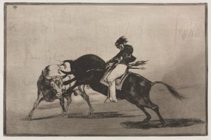 Tjurfäktningar: Samma Ceballos monterad på en annan tjur bryter korta spjut i ringen i Madrid av Francisco de Goya