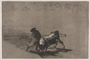 Tjurfäktningar: The Very Skilful Student of Falces, Wrapped in his Cape, Tricks the Bull..., 1876. av Francisco de Goya