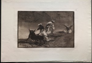 Tjurfäktningar: De spelar en annan med udden i en inhägnad av Francisco de Goya