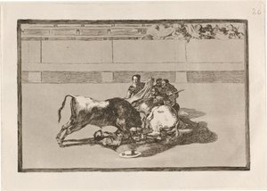 Fall av en picador från sin häst under tjuren (A Picador är unhorsed och faller under tjuren) av Francisco de Goya
