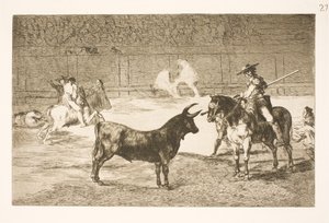Den hyllade picadoren, Fernando del Toro, provocerar olme-tjuren med sin lans av Francisco de Goya