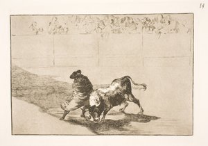 Den mycket begåvade studenten från Falces, draperad i sin kappa, lurar tjuren med kroppens rörelser av Francisco de Goya