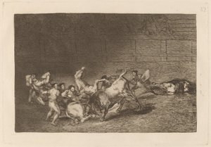 Två lag av Picadors kastade efter varandra av en enda tjur av Francisco de Goya