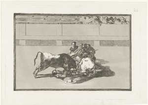 En picador har slagits av sin häst och ligger under tjuren Caida de un picador de su caballo debajo del toro La Tauromaquia (serietitel) Tjurfäktning (serietitel) av Francisco de Goya