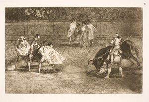 En tjurfäktare, som sitter på en assistents axlar, bommar för en tjur av Francisco de Goya