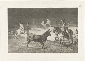 Fernando del Toro daagt en stier uit Den berömda Fernando del Toro, barilarguero, tvingar odjuret med sin stång Tjurfäktning (serietitel) Stierenvechten (serietitel) av Francisco de Goya