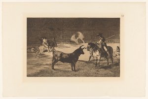 Fernando del Toro daagt en stier uit Den berömda Fernando del Toro, barilarguero, tvingar odjuret med sin stång Stierengevechten (serietitel) La Taureamachie (serietitel) Tjurfäktning (serietitel) av Francisco de Goya